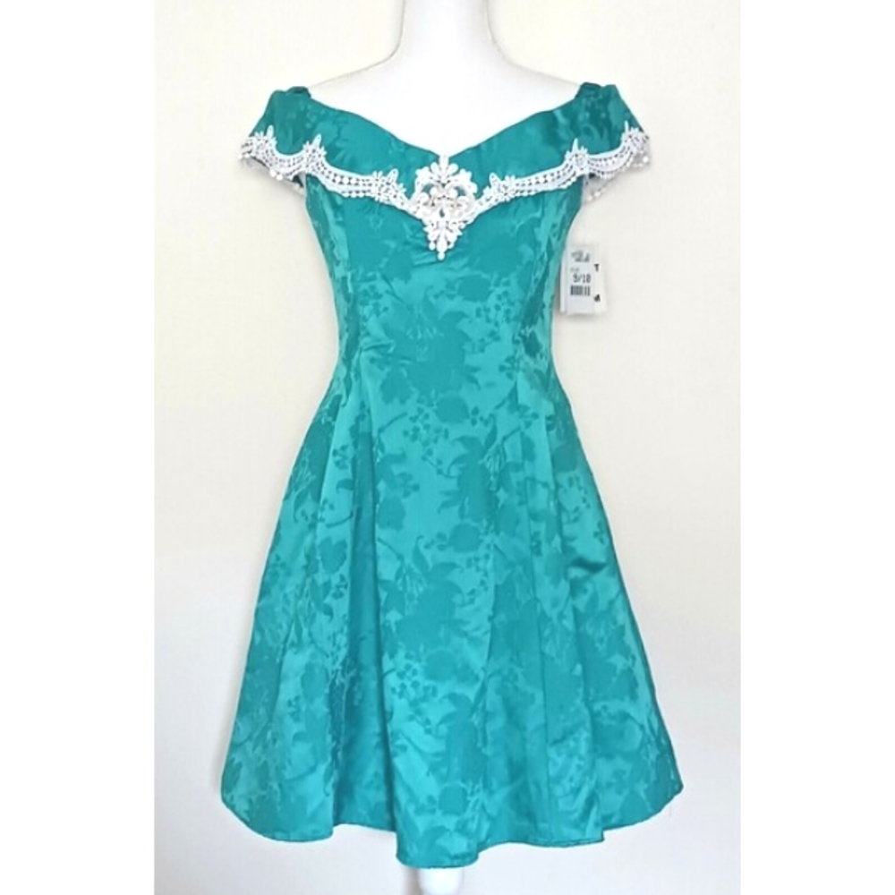 VTG NWT Gunne Sax Short Party Dress Turquoise Brocade White Lace Bead Trim Sz S
